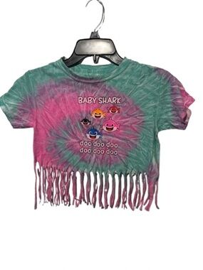 Girls Tie-Dye Fringe Crop Tee - Pink & Teal XS